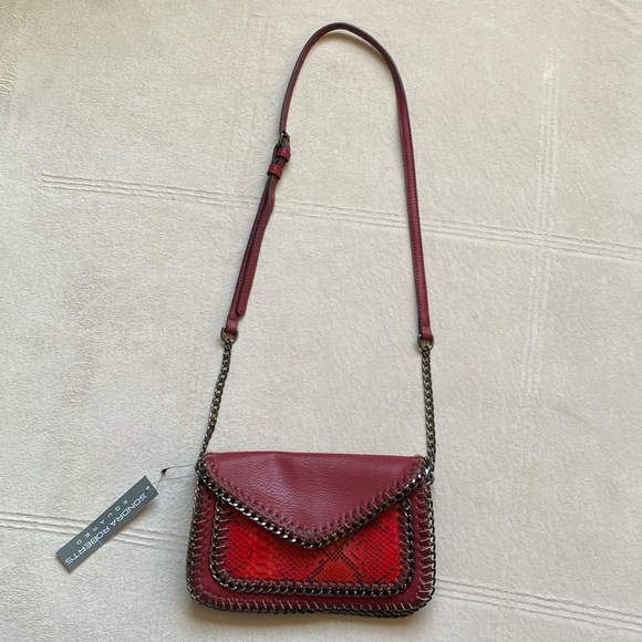SONDRA ROBERTS SQUARED Flap Purse, Rusty Red, Adjustable Strap Inside Zip Pocket - Picture 2 of 13